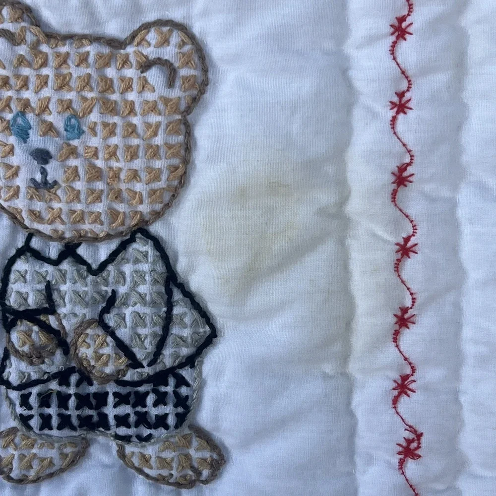 VTG 1970s Handmade Cross Stitch Teddy Bear Red Gingham Baby Crib Quilt 31x39